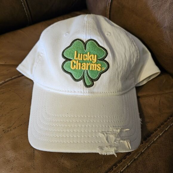 Lucky Charms White Distressed Fitted Stretch Baseball Hat Cap Unisex Adult 2006 - Picture 1 of 8